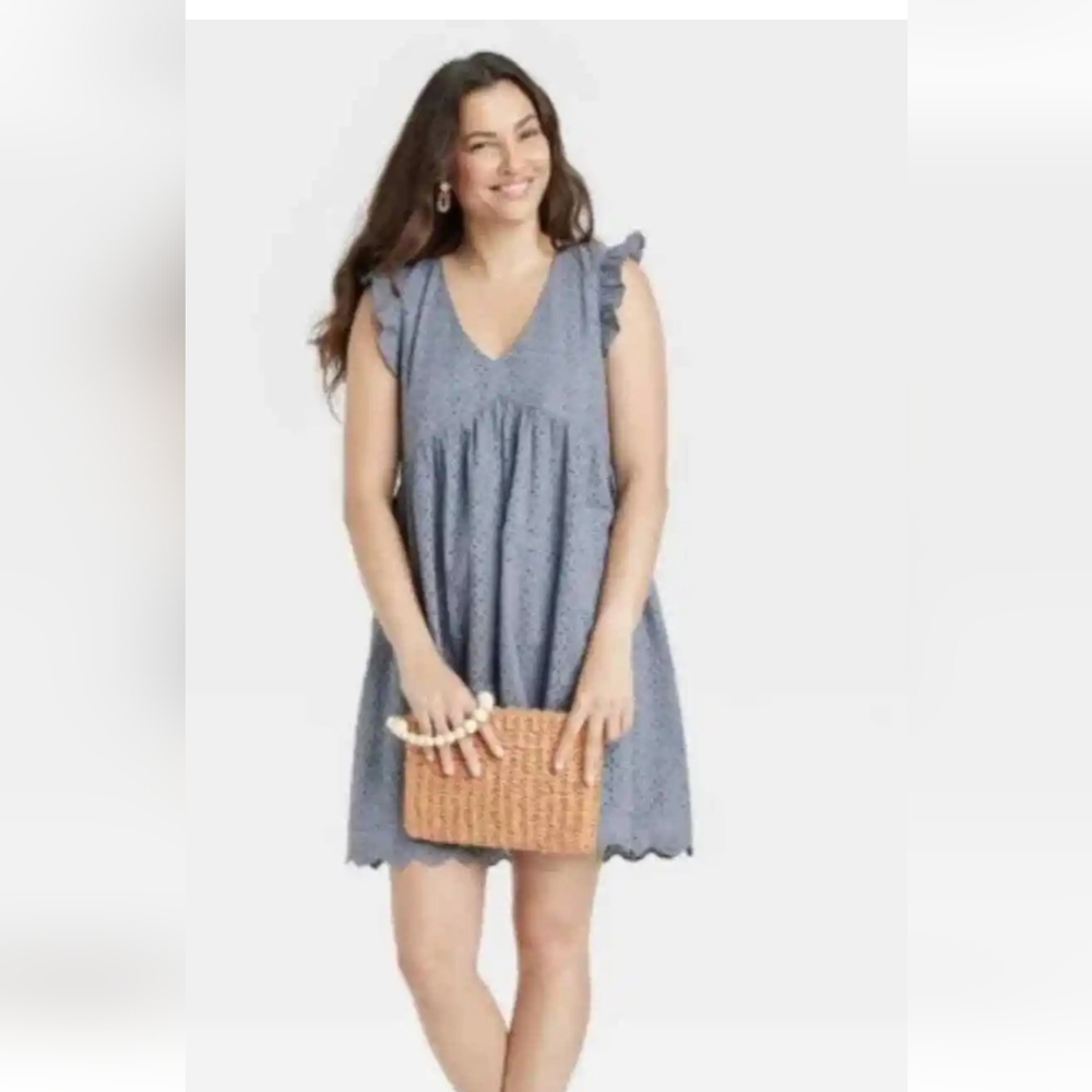 Knox Rose Sahara Blue Ruffle Short Sleeve Eyelet A-Line Dress NWT
